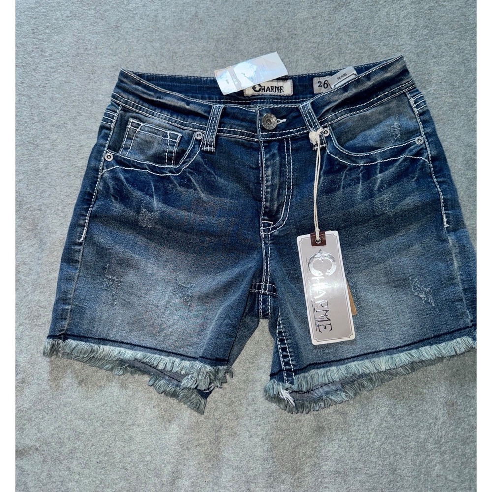 Charme Women's Shorts Blue Denim Flex Stretch Raw Hem Size 26 NWT